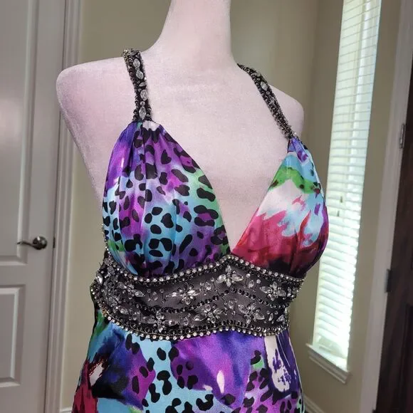 Xscape Y2K Slip Prom Gown Purple 10 Beaded Leopard Print Train Formal Open Back - Picture 12 of 17